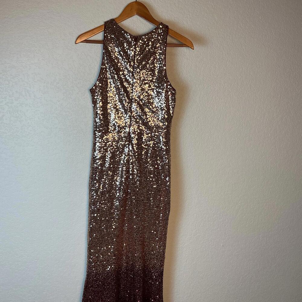 Lulus gown Gold/Maroon Formal Dress Glittery Floor Length Sequin body con Flare - Picture 5 of 5